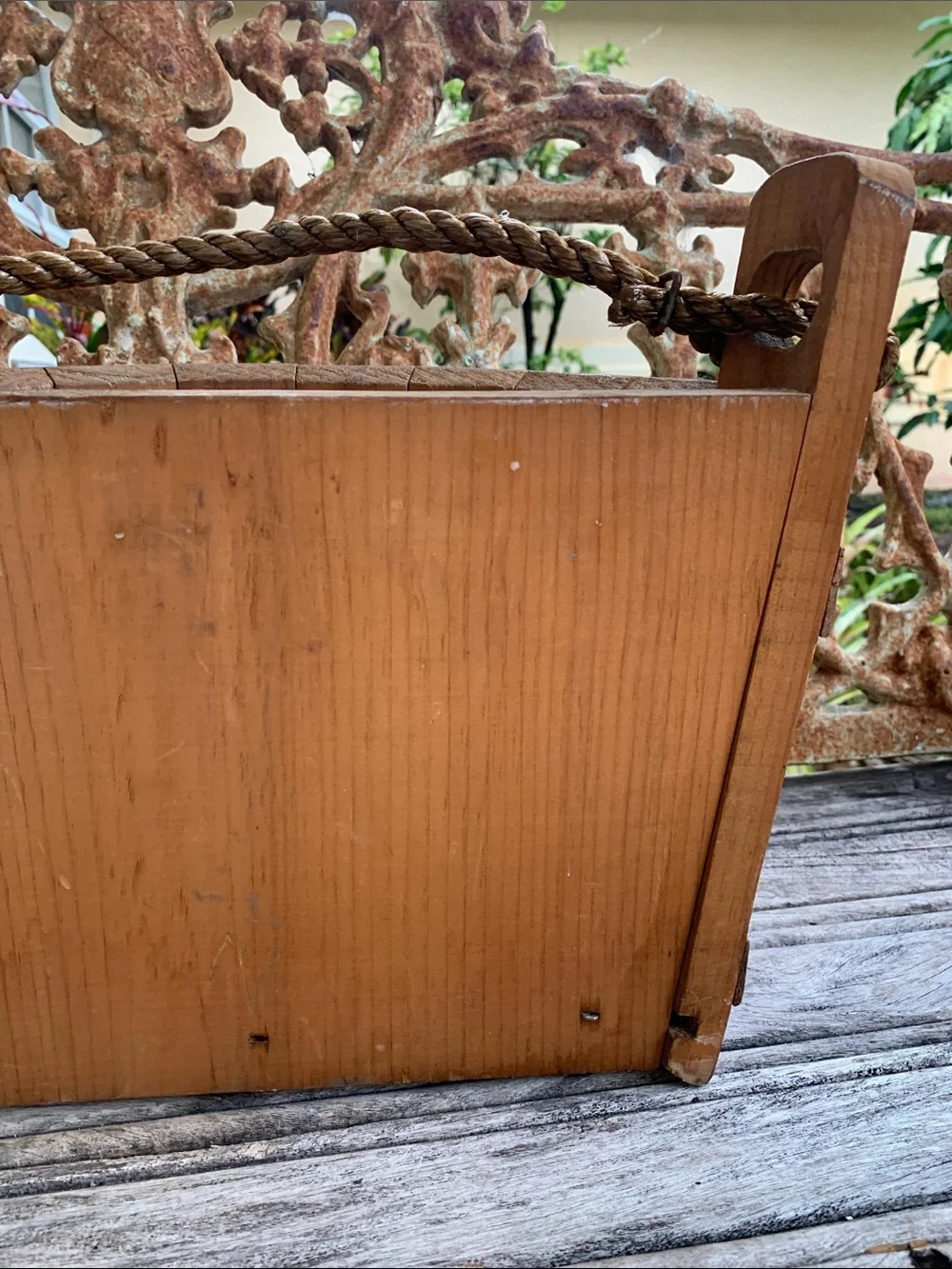 Vintage Flat Sided Wooden Hanging Basket with Red Heart and Floral Accents